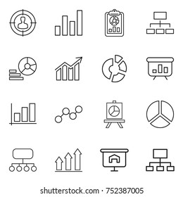 thin line icon set : target audience, graph, report, hierarchy, diagram, circle, presentation, structure, up