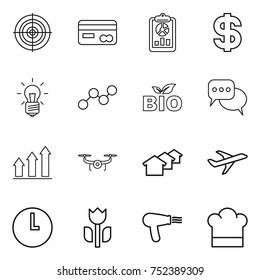 thin line icon set : target, card, report, dollar, bulb, graph, bio, discussion, up, drone, houses, plane, clock, perishable, hair dryer, cook hat