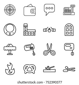 thin line icon set : target, wallet, message, cashbox, necklace, mansion, drawbridge, arch window, restaurant, mixer, scissors, fire, pretzel, soil cutter