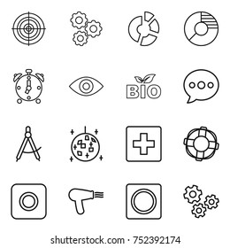 thin line icon set : target, gear, circle diagram, alarm clock, eye, bio, balloon, draw compass, disco ball, first aid, lifebuoy, ring button, hair dryer, gears