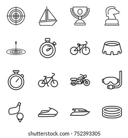 thin line icon set : target, boat, trophy, chess horse, stopwatch, bike, stadium, motorcycle, diving mask, golf, jet ski, yacht, inflatable pool