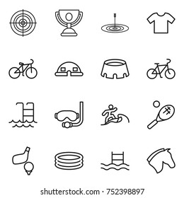 thin line icon set : target, trophy, t shirt, bike, dome house, stadium, pool, diving mask, surfer, tennis, golf, inflatable, horse