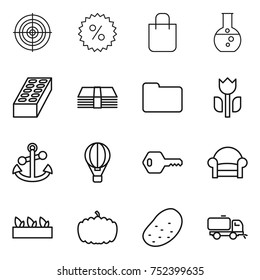thin line icon set : target, percent, shopping bag, round flask, brick, money, documents, perishable, anchor, air ballon, key, armchair, seedling, pumpkin, potato, sweeper