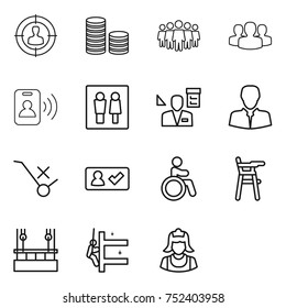 thin line icon set : target audience, coin stack, team, group, pass card, wc, architector, client, do not trolley sign, check in, invalid, Chair for babies, skysrcapers cleaning, skyscrapers