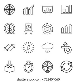 thin line icon set : target, diagram, presentation, graph, dollar arrow, around gear, up, down, lightning, cloud wireless, trip, package, stopwatch, compass, reload