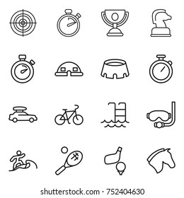 thin line icon set : target, stopwatch, trophy, chess horse, dome house, stadium, car baggage, bike, pool, diving mask, surfer, tennis, golf