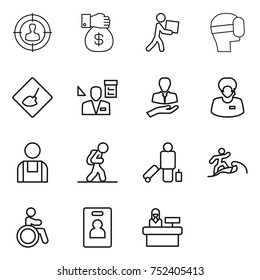 thin line icon set : target audience, money gift, courier, virtual mask, under construction, architector, client, support manager, workman, tourist, passenger, surfer, invalid, identity card