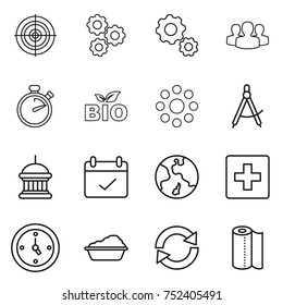 thin line icon set : target, gear, group, stopwatch, bio, round around, draw compass, goverment house, terms, earth, first aid, watch, washing, reload, paper towel