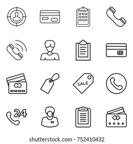 thin line icon set : target audience, card, clipboard, phone, call, woman, credit, label, sale, 24, support manager