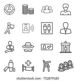 thin line icon set : target audience, coin stack, group, woman, courier, pass card, wc, client, confidential, check in, detector, passenger, hospital, Chair for babies, outsource