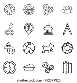 thin line icon set : target audience, gear, group, infinity power, dollar pin, goverment house, drawing compasses, trip, earth, dog, lifebuoy, watch, washing, gears, paper towel