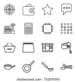 thin line icon set : target, wallet, star, message, cashbox, calculator, chip, remove from basket, curtain, wardrobe, mixer, pan, ladle, scissors