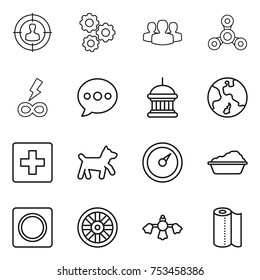 thin line icon set : target audience, gear, group, spinner, infinity power, balloon, goverment house, earth, first aid, dog, barometer, washing, ring button, wheel, hard reach place cleaning