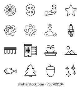 thin line icon set : target, dollar, investment, star, atom, round around, car pointer, spark plug, bridge, houses, fountain, landscape, fish, spruce, acorn, shining