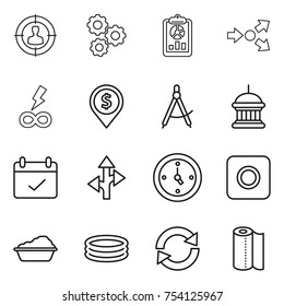 thin line icon set : target audience, gear, report, core splitting, infinity power, dollar pin, draw compass, goverment house, terms, route, watch, ring button, washing, inflatable pool, reload