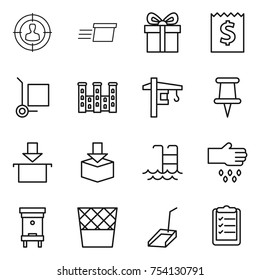 thin line icon set : target audience, delivery, gift, receipt, cargo stoller, palace, tower crane, pin, package, pool, sow, hive, trash bin, scoop, clipboard list