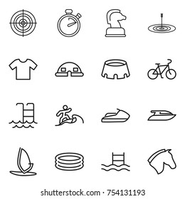 thin line icon set : target, stopwatch, chess horse, t shirt, dome house, stadium, bike, pool, surfer, jet ski, yacht, windsurfing, inflatable