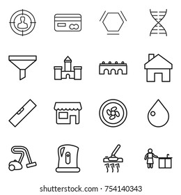 thin line icon set : target audience, card, hex molecule, dna, funnel, castle, bridge, home, level, shop, cooler fan, drop, vacuum cleaner, kettle, kitchen cleaning