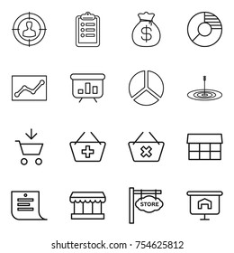 thin line icon set : target audience, clipboard, money bag, circle diagram, statistics, presentation, add to cart, basket, delete, market, shopping list, store signboard