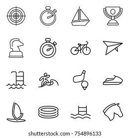 thin line icon set : target, stopwatch, boat, trophy, chess horse, bike, deltaplane, pool, surfer, golf, jet ski, windsurfing, inflatable