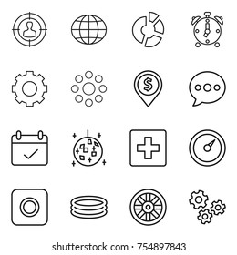 Thin Line Icon Set : Target Audience, Globe, Circle Diagram, Alarm Clock, Gear, Round Around, Dollar Pin, Balloon, Terms, Disco Ball, First Aid, Barometer, Ring Button, Inflatable Pool, Wheel, Gears