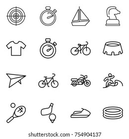 thin line icon set : target, stopwatch, boat, chess horse, t shirt, bike, stadium, deltaplane, motorcycle, surfer, tennis, golf, jet ski, inflatable pool