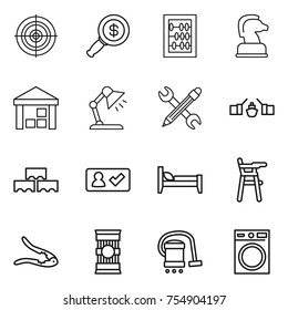 thin line icon set : target, dollar magnifier, abacus, chess horse, warehouse, table lamp, pencil wrench, drawbridge, block wall, check in, bed, Chair for babies, walnut crack, pasta, vacuum cleaner