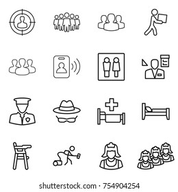 thin line icon set : target audience, team, group, courier, pass card, wc, architector, security man, confidential, hospital, bed, Chair for babies, vacuum cleaner, outsource