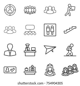 thin line icon set : target audience, team, group, courier, structure, wc, stairs, client, customs control, deltaplane, tourist, check in, baggage checking, cleaner, outsource