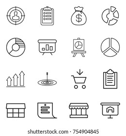 thin line icon set : target audience, clipboard, money bag, circle diagram, presentation, graph up, add to cart, market, shopping list