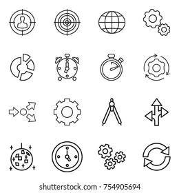 thin line icon set : target audience, globe, gear, circle diagram, alarm clock, stopwatch, around, core splitting, drawing compasses, route, disco ball, watch, gears, reload