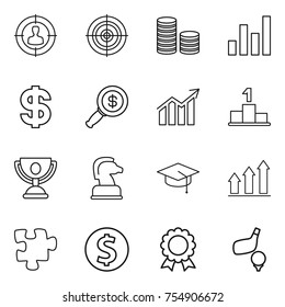 thin line icon set : target audience, coin stack, graph, dollar, magnifier, diagram, pedestal, trophy, chess horse, graduate hat, up, puzzle, medal, golf