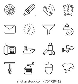 thin line icon set : target, marker, call, alarm clock, mail, lightning, funnel, trip, phone, sea shipping, passenger, surveillance, corkscrew, hand mill, acorn, spot