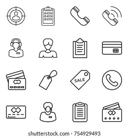 thin line icon set : target audience, clipboard, phone, call, center, woman, credit card, label, sale, support manager