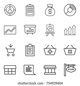 thin line icon set : target audience, clipboard, money bag, circle diagram, statistics, presentation, graph up, add to cart, basket, delete, market, shopping list, store signboard