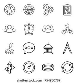 thin line icon set : target audience, gear, report, group, alarm clock, spinner, infinity power, balloon, goverment house, drawing compasses, route, barometer, inflatable pool, reload