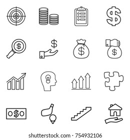 thin line icon set : target, coin stack, clipboard, dollar, magnifier, investment, money bag, gift, diagram, bulb head, graph up, puzzle, golf, stairs, housing