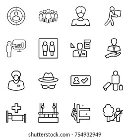 thin line icon set : target audience, team, woman, courier, presentation, wc, architector, client, support manager, confidential, check in, passenger, hospital, skysrcapers cleaning, skyscrapers