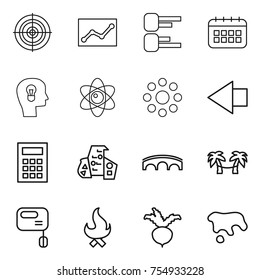 thin line icon set : target, statistics, diagram, calendar, bulb head, atom, round around, left arrow, calculator, modern architecture, bridge, palm hammock, mixer, fire, beet, spot