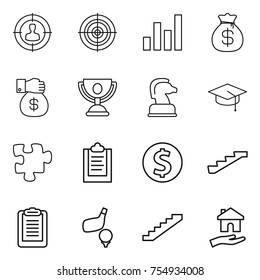 thin line icon set : target audience, graph, money bag, gift, trophy, chess horse, graduate hat, puzzle, clipboard, dollar coin, stairs, golf, housing