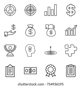 thin line icon set : target audience, graph, dollar, investment, money bag, gift, diagram, trophy, bulb head, puzzle, clipboard, medal