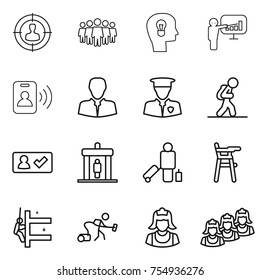 thin line icon set : target audience, team, bulb head, presentation, pass card, client, security man, tourist, check in, detector, passenger, Chair for babies, skyscrapers cleaning, vacuum cleaner