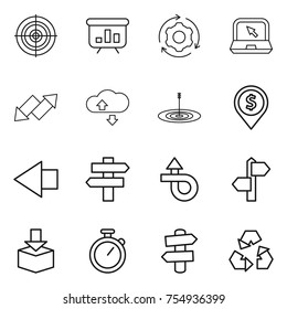 thin line icon set : target, presentation, around gear, notebook, up down arrow, cloude service, dollar pin, left, singlepost, trip, signpost, package, stopwatch, recycling