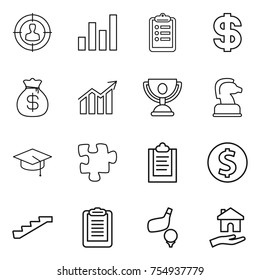 thin line icon set : target audience, graph, clipboard, dollar, money bag, diagram, trophy, chess horse, graduate hat, puzzle, coin, stairs, golf, housing