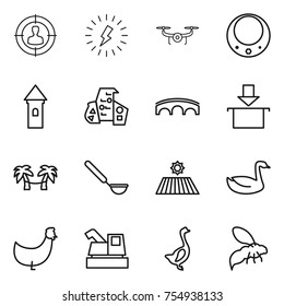thin line icon set : target audience, lightning, drone, necklace, tower, modern architecture, bridge, package, palm hammock, ladle, field, goose, chicken, harvester, wasp