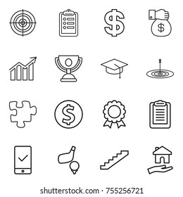 thin line icon set : target, clipboard, dollar, money gift, diagram, trophy, graduate hat, puzzle, coin, medal, mobile checking, golf, stairs, housing