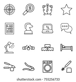 thin line icon set : target, dollar magnifier, alarm clock, star, abacus, chess horse, notebook, discussion, table lamp, drawbridge, block wall, bed, garlic clasp, walnut crack, washing machine