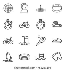 thin line icon set : target, chess horse, smart bracelet, stopwatch, bike, car baggage, pool, tennis, jet ski, windsurfing, inflatable