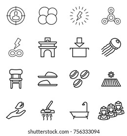 Thin line icon set : target audience, atom core, lightning, spinner, infinity power, arch, package, jellyfish, chair, slippers, coffee seeds, field, hand leaf, vacuum cleaner, bath, outsource