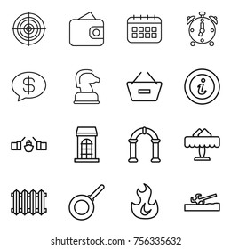 Thin line icon set : target, wallet, calendar, alarm clock, money message, chess horse, remove from basket, info, drawbridge, building, arch, restaurant, radiator, pan, fire, soil cutter